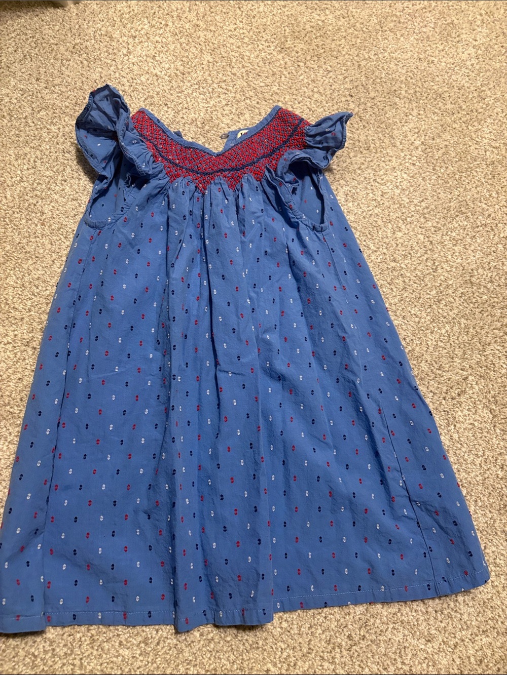 Hatley Blue Dress with Red Smocked Yoke